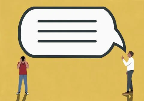Large speech bubble looming above and between father talking to frustrated son Ilustración de archivo
