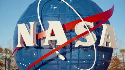 Large spherical globe sculpture with space agency lettering and red swoosh Video stock 342579988