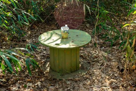 A Large Spool in a Clearing in a Forest Used as a Table Stock Photos