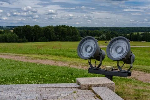 Large spotlights illuminators in the park. Stock Photos