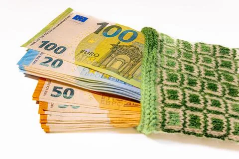 A large stack of 100, 50 and 20 euro banknotes, partially. Stock Photos