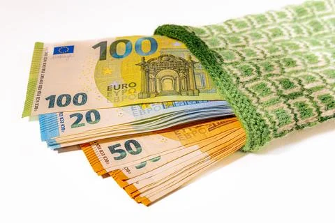 A large stack of 100, 50 and 20 euro banknotes, partially. Stock Photos