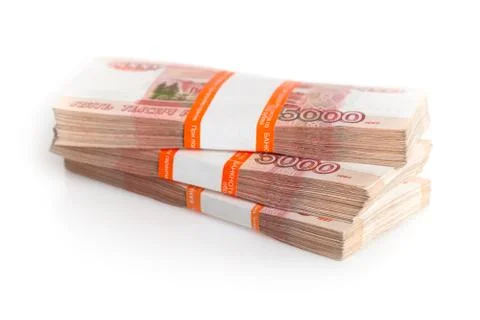 Large stack of banknotes, Russian rubles isolated on white Stock Photos