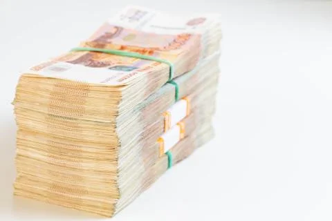A large stack of banknotes, Russian rubles. Stock Photos