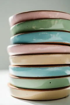 A large stack of ceramic cups in pastel colors. Stock Photos