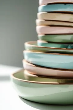 A large stack of ceramic cups in pastel colors. Stock Photos
