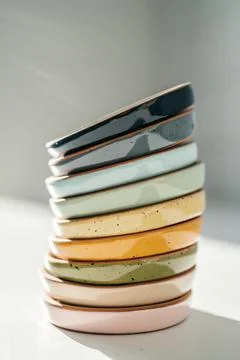 A large stack of ceramic cups in pastel colors. Foto stock