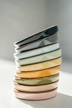 A large stack of ceramic cups in pastel colors. A large stack of ceramic c... Stock Photos