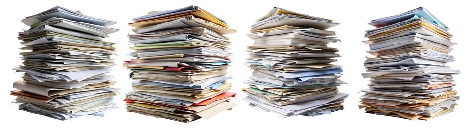 A large stack of cluttered folders on a white background. Stock Photos