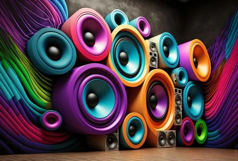 A large stack of colourful music audio speakers. Generative ai Stock Illustration