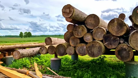 Large stack of cut logs neatly placed on outdoor supports in rural field Stock Footage 316709238