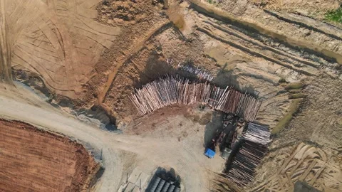 Large stack of felled trees stacked on top of each other, aerial view Stock Footage 204792793