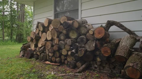 Large Stack of Firewood Against White Farmhouse Garage Vídeos de archivo 315078155