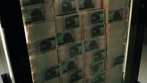 Large Stack of Money Inside a Glass Display Box Stock Footage 309196568