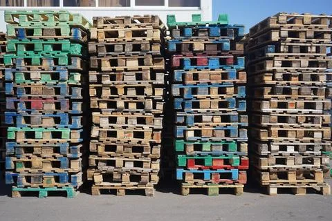 A large stack of multi-colored pallets next to the warehouse Stock Photos