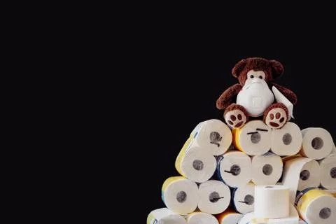 A large stack of paper rolls, on the top a teddy bear with a respirator mask. Stock Photos