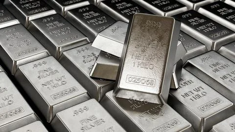 Large stack of silver ingots. 3D illustration Ilustración de archivo