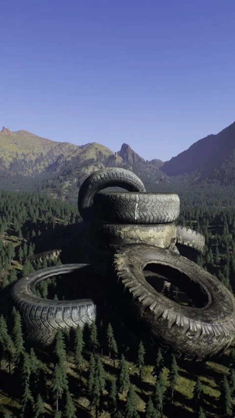 Large stack of tires in mountainous forest landscape during clear day Stock Footage 309041739