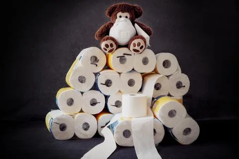 A large stack of toilet paper, on the top a teddy bear with a respirator mask Stock Photos