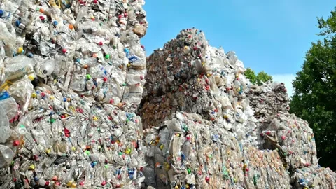 Large stacks of crushed plastic bottles for recycling collected in bales ou.. Stock Footage 339766635