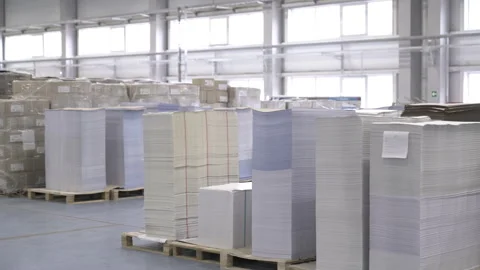 Large stacks of paper stand on pallets in factory warehouse Stock Footage 296577160