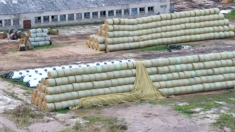 Large stacks of round hay bales stored on a farm field for livestock feed supply Video stock 344278660