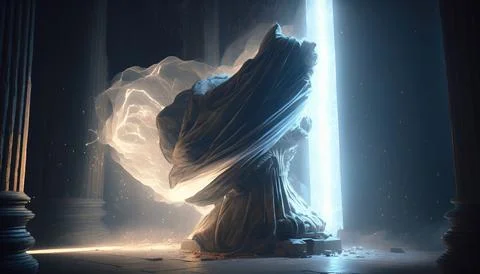 A large statue with a light coming from it's back end in a dark room dim vo.. Stock Illustration