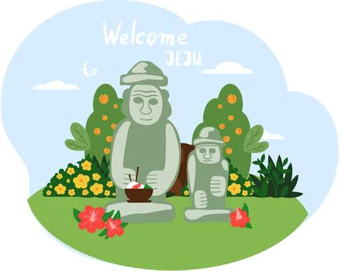 Large statues, stone idols surrounded by Jeju landscape. Nature and architecture イラスト素材
