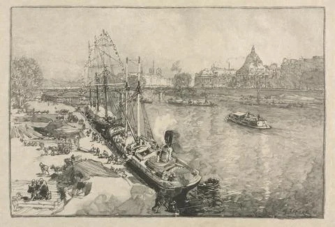[Large Steamer Ship at Dock, Paris]. Auguste Louis Lepre (French, 1849-1918.. Ilustração Stock