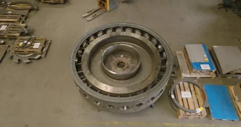 Large Steel Turbine Guide Ring on a Factory Floor, High Angle Shot Stock Footage 340358182