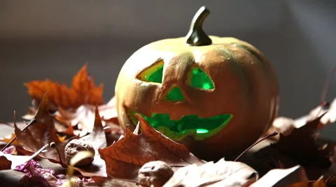 A large still life with fixed camera of a pumkin with flashing lights Stock-Footage 55844383