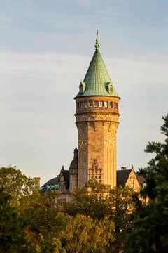 Large stone clock tower in treed area with warm sunset light and blue sky Stock Photos