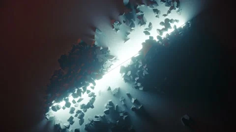 Large stone cube explodes and disintegrates into hundreds of small pieces Stock Footage 142088947