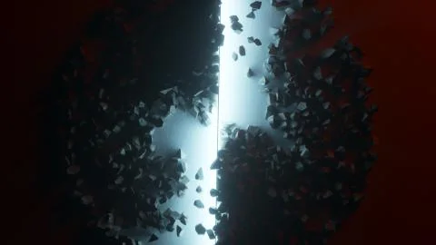 Large stone cube explodes and disintegrates into hundreds of small pieces. Ro Stock Photos