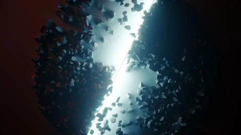 Large stone cube explodes and disintegrates into hundreds of small pieces. Ro Stock Photos