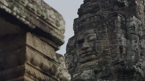 Large Stone Faces On The Towers At The Bayon Temple. Cambodia Stockbeeldmateriaal 134493626