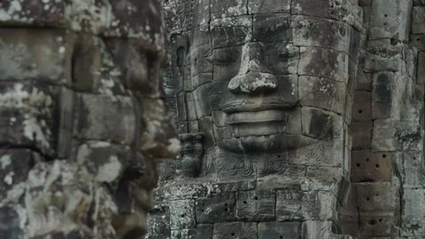 Large Stone Faces On The Towers At The Bayon Temple. Cambodia Stock Footage 134584057