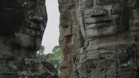 Large Stone Faces On The Towers At The Bayon Temple. Cambodia Vídeo Stock 134585375