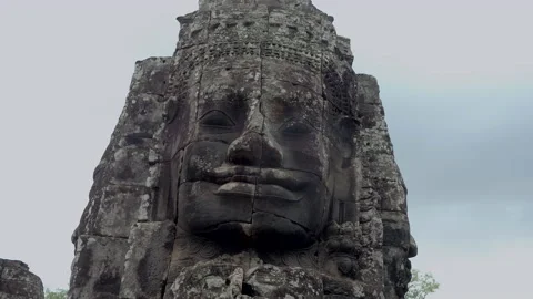 Large Stone Faces On The Towers At The Bayon Temple. Cambodia Stock Footage 134614107