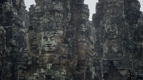 Large Stone Faces On The Towers At The Bayon Temple. Cambodia Stock Footage 134749005