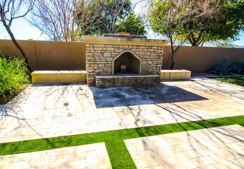 Large Stone Fireplace In Back Yard Stock Photos