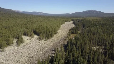 Large stone river at the South ural in taiga aerial Stock Footage 80687559