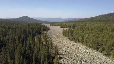 Large stone river at the South ural in taiga aerial Stock Footage 80687720