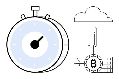 Large stopwatch, Bitcoin symbol with technical circuits, and a cloud symbol.  Illustrazione stock