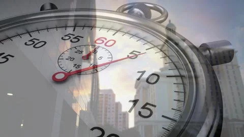 Large stopwatch face sweeping city skyline, red hand moving clockwise, Stock Footage 333833423