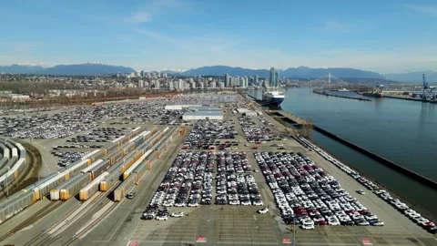 Large Storage Lots Packed With Thousands Of New Cars - Annacis Auto Terminal At Видео 332685093