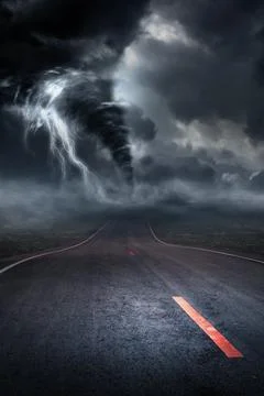 A large storm producing a Tornado, causing destruction. 3D Illustration. Illustrazione stock