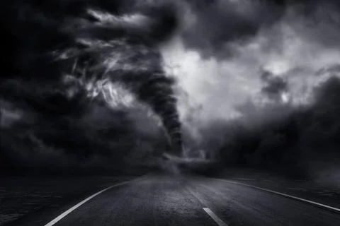 A large storm producing a Tornado, causing destruction. 3D Illustration. Stock Illustration