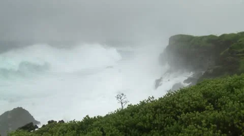 Large Storm Surge Waves Crash Onto Shore From Category 5 Tropical Cyclone Stock Footage 8861405