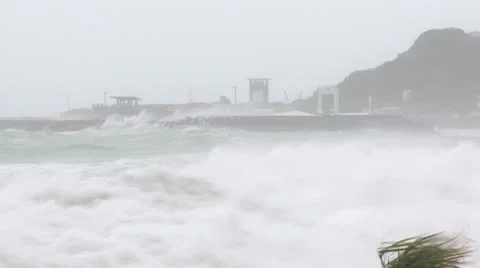 Large Storm Surge Waves Crash Onto Beach During Hurricane Stock Footage 8986255